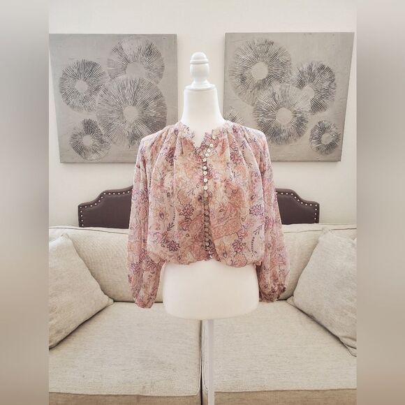 🦋 VICI 🦋 Paisley Semi-Sheer Elastic Waist Blouse - [Size XS, Beige] - Picture 7 of 16